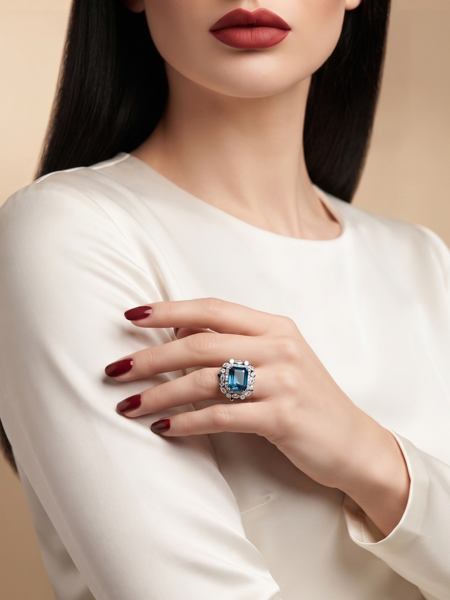 A close-up of a woman wearing a large ring with a rectangular blue gemstone and small clear stones in a silver-toned setting, styled with a cream-colored long-sleeve top against a warm beige background.