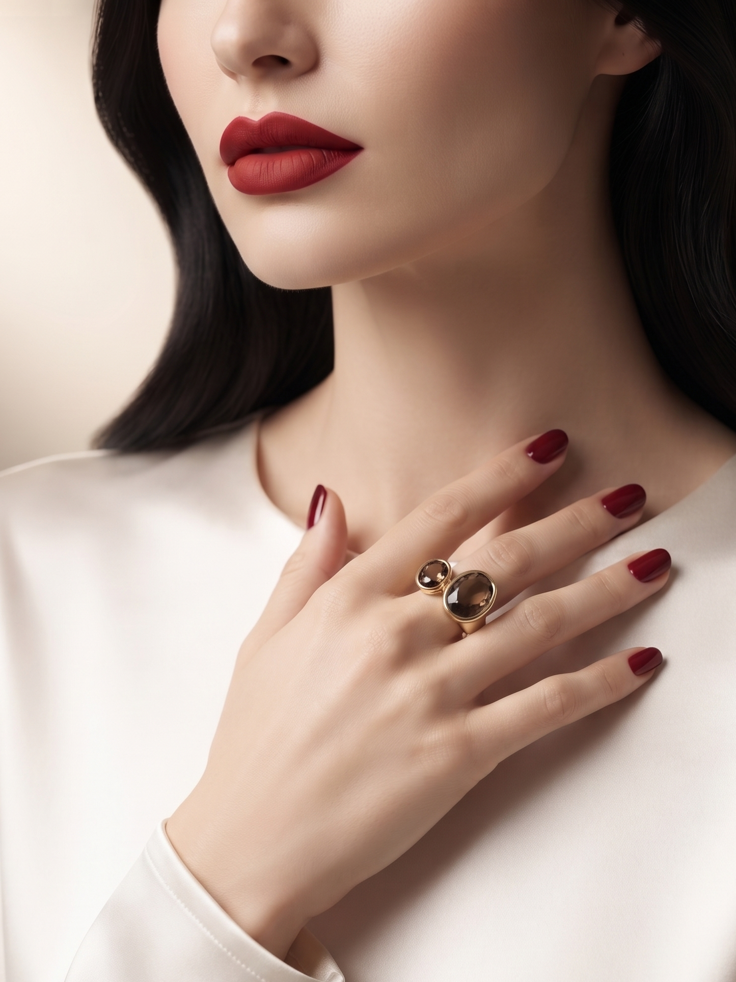 A close-up of a woman wearing a large gold ring with a spherical stone on one finger, paired with a white satin top and dark red lipstick.