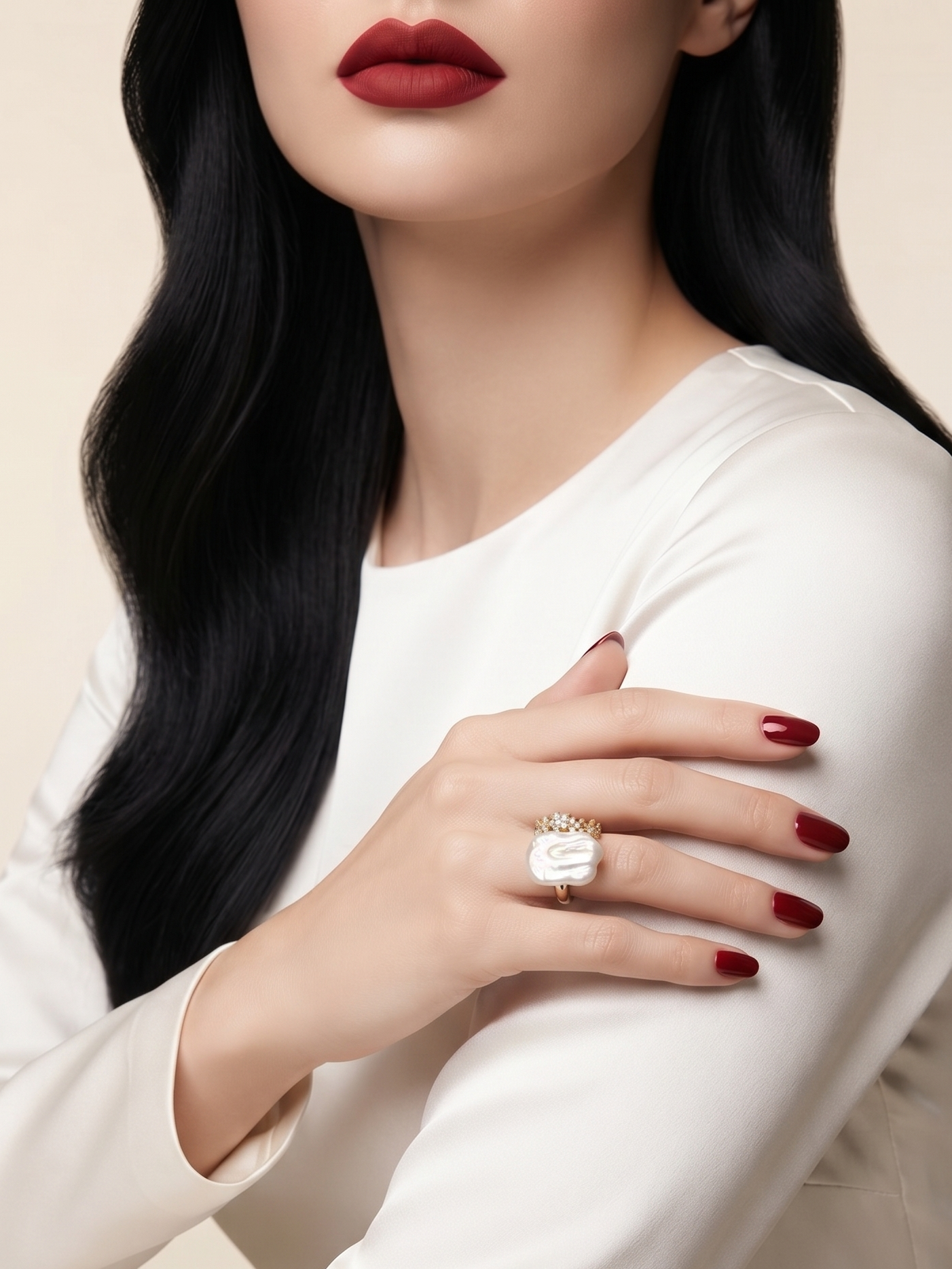 A close-up of a woman wearing a large statement ring with a white shell and gold details on her finger, styled with a white long-sleeve top and dark red lipstick.