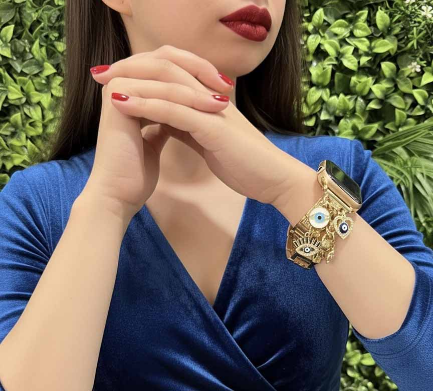 Golden Evil Eye Watch Strap – radiant gold chain design offering protection and charm.