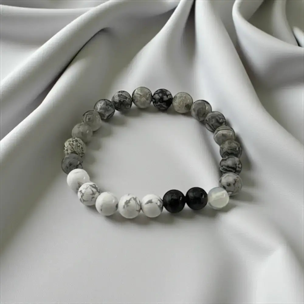 Howlite, Grey Jasper, Black Agate & Moonstone Bracelet – Balanced Spirit & Gentle Calm