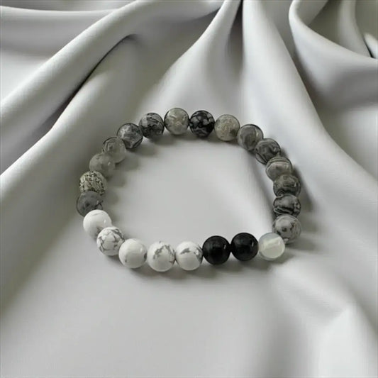 Howlite, Grey Jasper, Black Agate & Moonstone Bracelet – Balanced Spirit & Gentle Calm