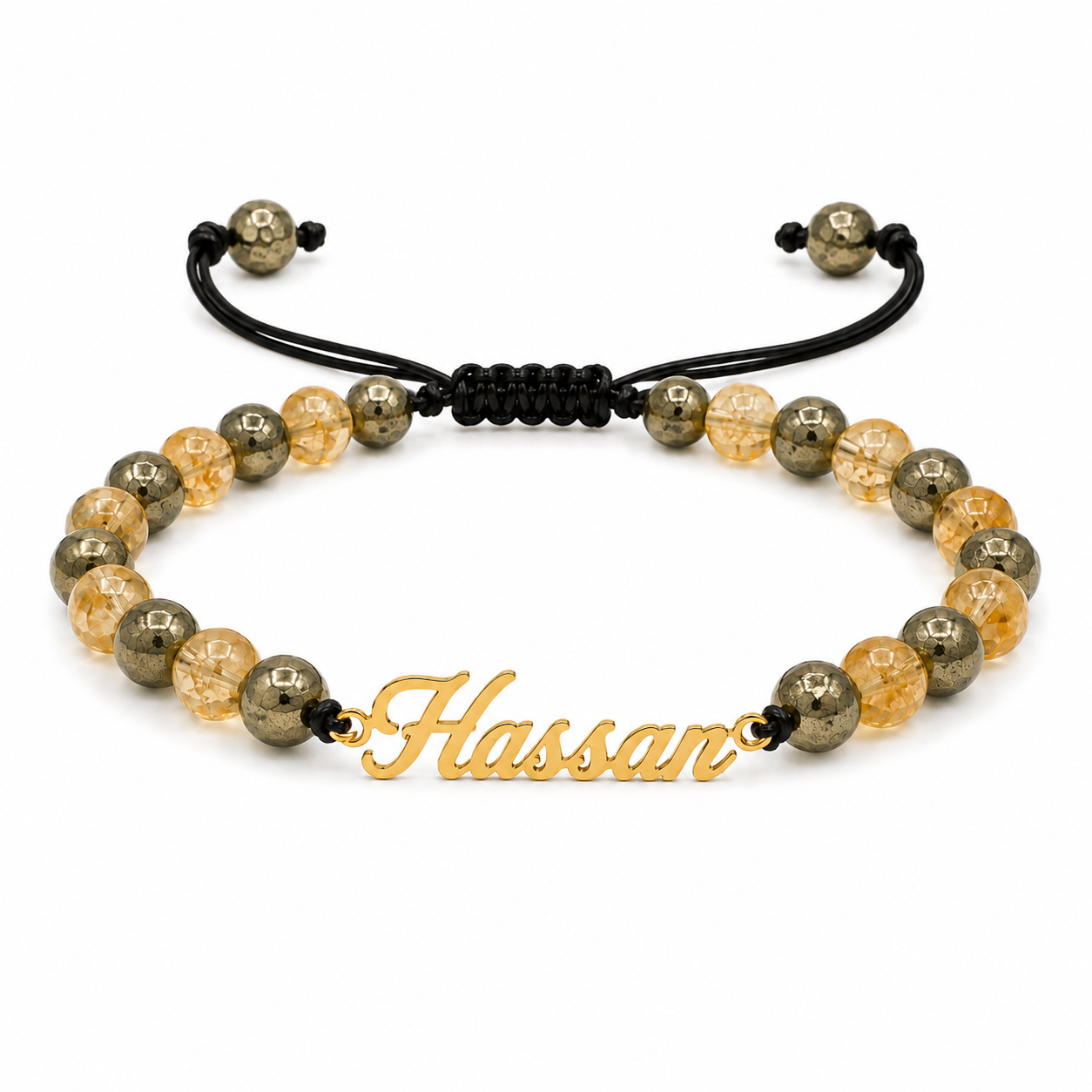 Beaded bracelet with 'Hassan' charm on a white background