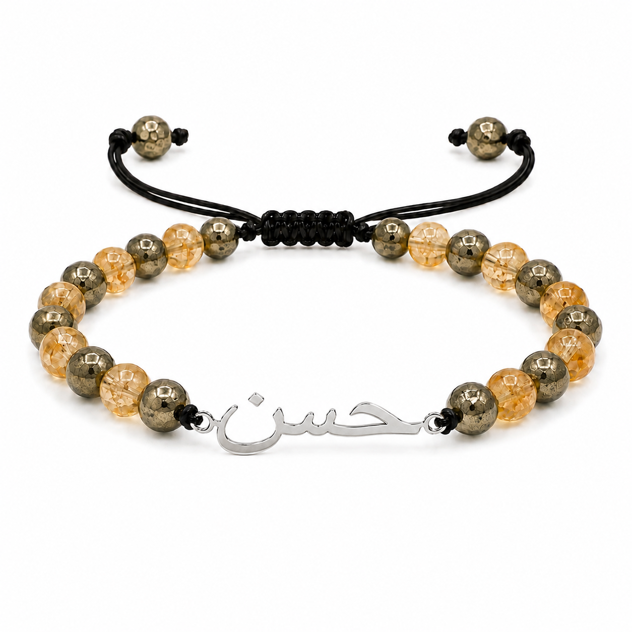 Beaded bracelet with a silver hook clasp on a white background