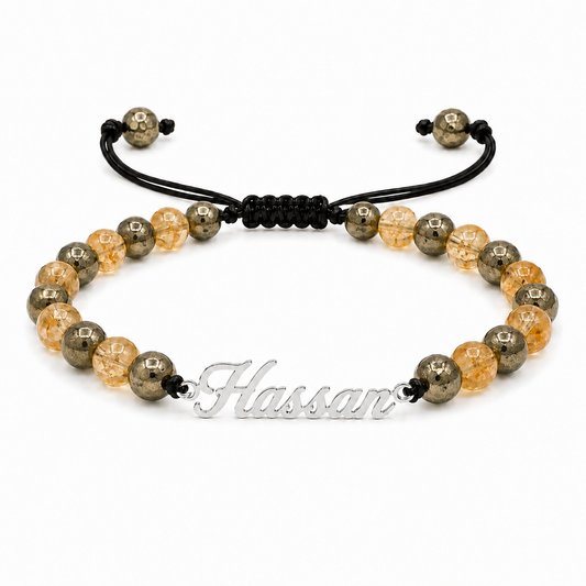 Beaded bracelet with 'Hassan' branding on a white background