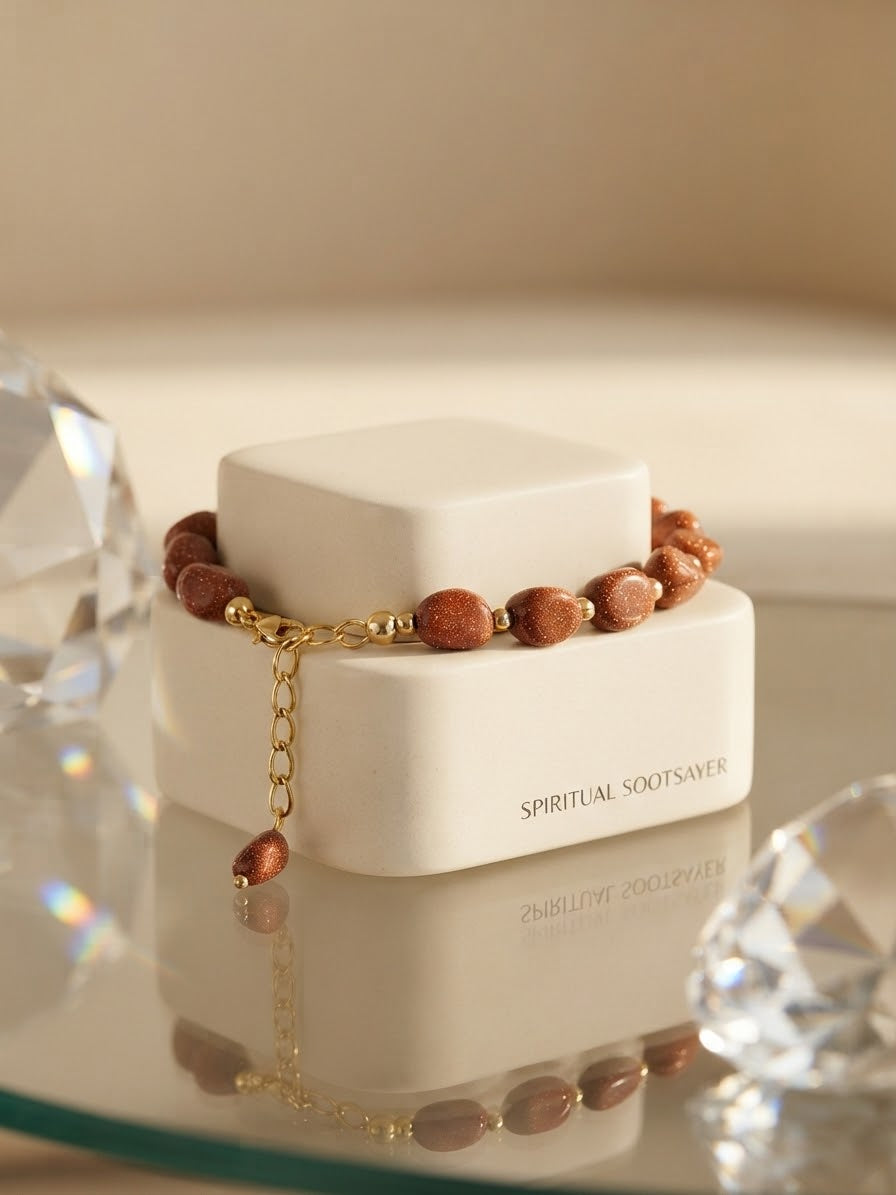 A beaded bracelet with brown wooden beads and gold-toned chain details, displayed on a white jewelry box labeled 'SPIRITUAL SOOTSAVER'.