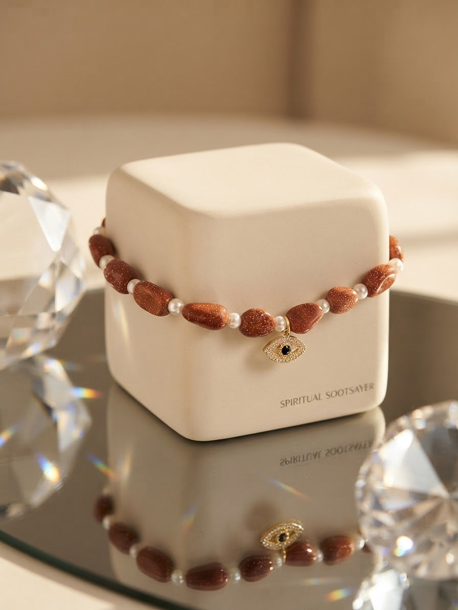 A beaded bracelet with brown stone beads, white pearl-like beads, and a gold evil eye charm, displayed on a cream-colored cube box. The box is placed on a reflective glass surface with crystal spheres in the foreground.