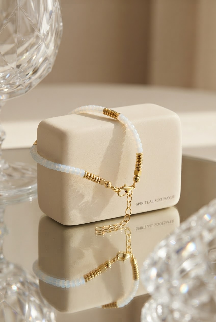 A delicate beaded bracelet with white beads and gold accents draped over a cream-colored jewelry box, set on a reflective surface with glassware in the background.