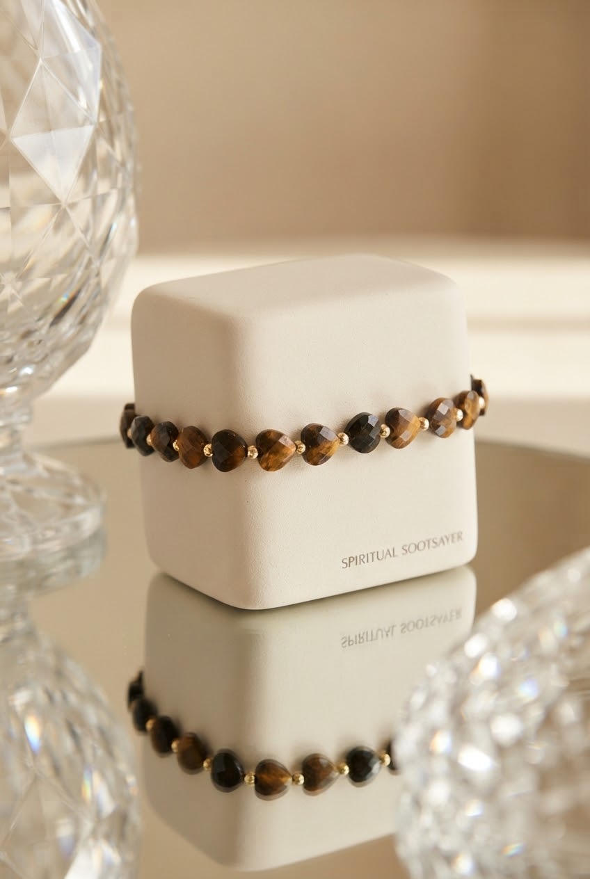 A beaded bracelet with brown and black tiger's eye beads and small gold spacer beads, displayed on a white cube box labeled 'SPIRITUAL SOCKSFAVER'.