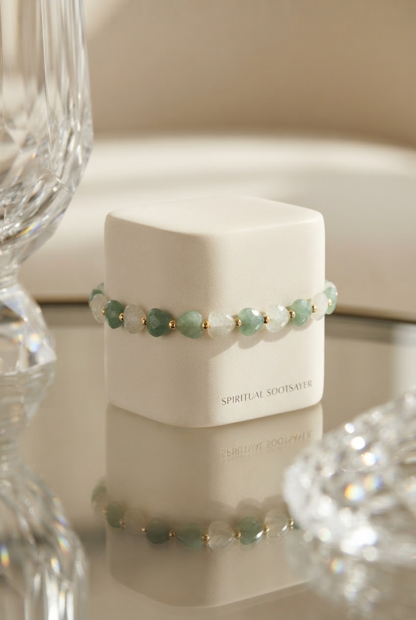 A beaded bracelet with light green and white beads separated by small gold spacer beads, displayed on a white cube-shaped box. The box has the brand name 'SPIRITUAL SOULS' printed on the front.