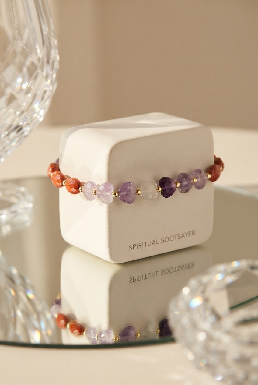 A beaded bracelet with orange, purple, and clear faceted beads, displayed on a white cube-shaped box labeled 'SPIRITUAL SOOTSAYER'.