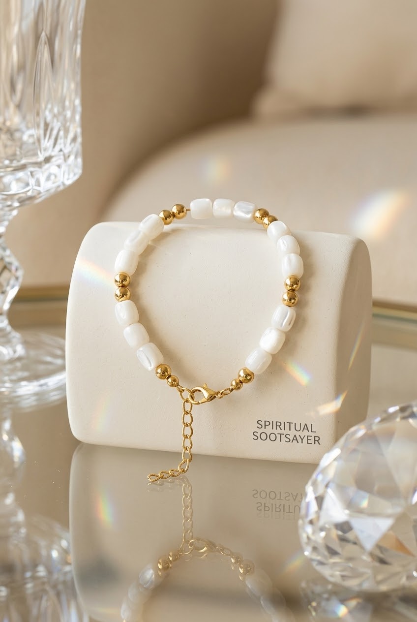 A beaded bracelet with white shell-like beads and gold spacer beads, displayed on a white cylindrical stand. The stand has the text 'SPIRITUAL SOOTSAYER' printed on it.