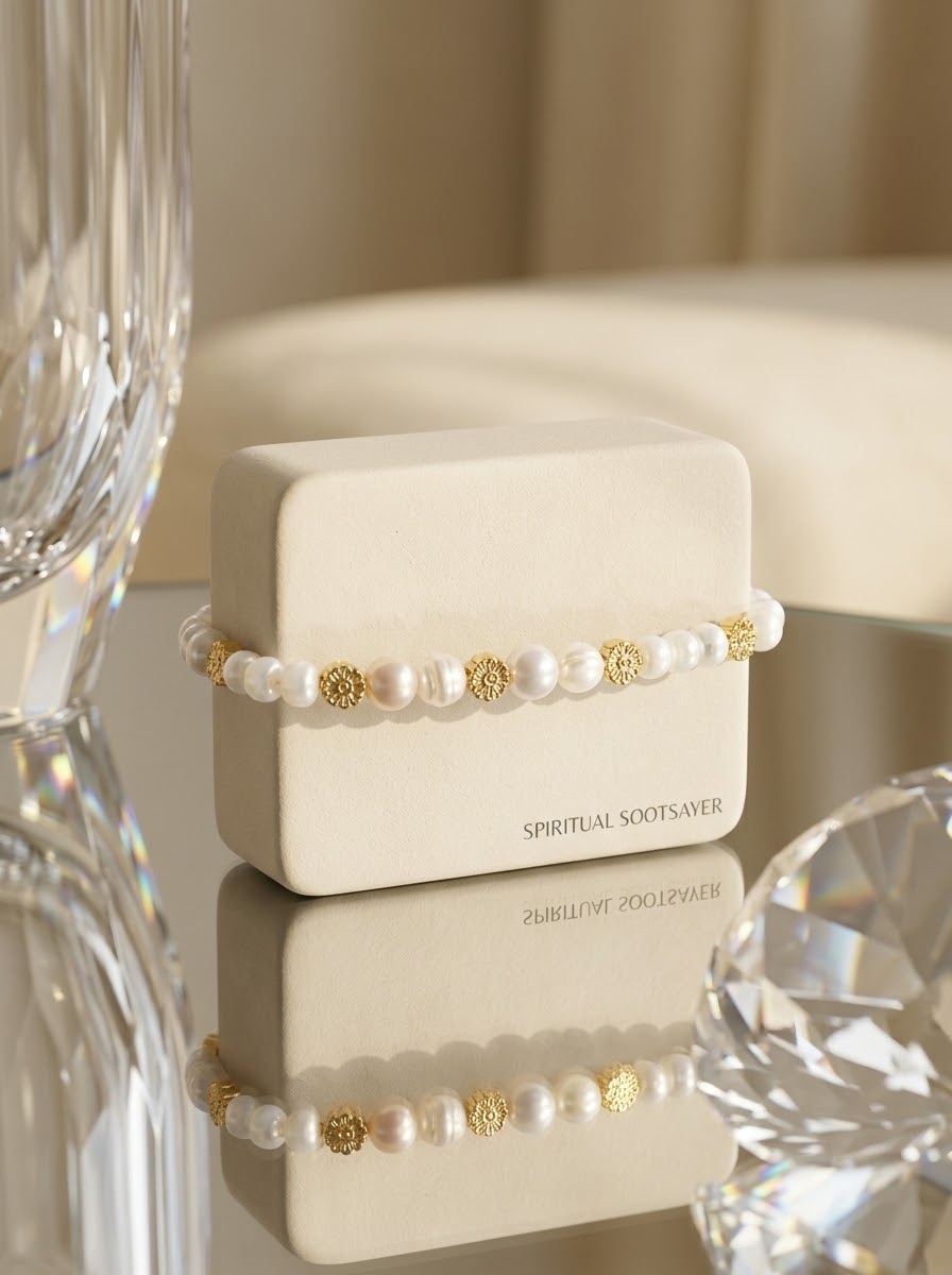 A beaded bracelet with white pearl-like beads and gold-toned spacer details, displayed on a cream jewelry box. The box has the brand name 'SPIRITUAL ROOTS.