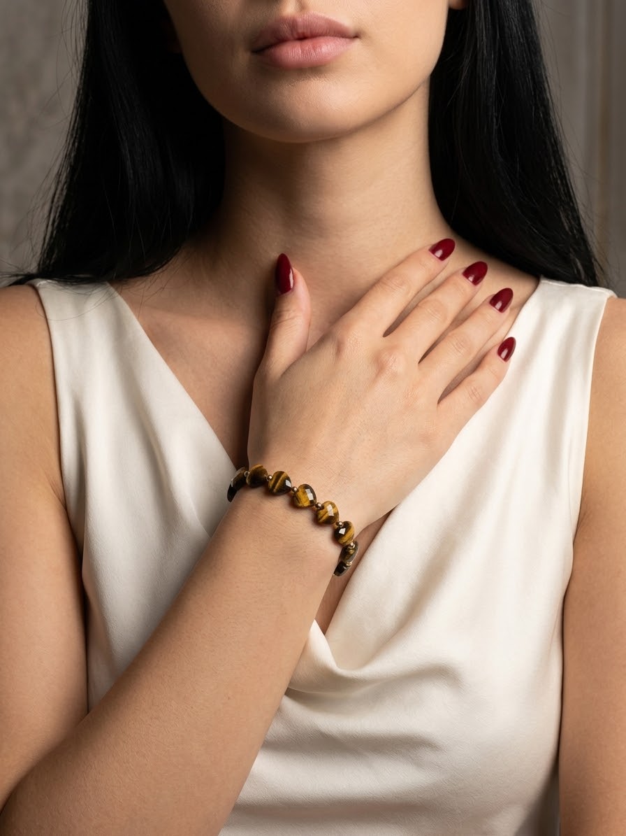 A close-up of a woman wearing a beaded bracelet with brown and black tiger's eye stones, styled with a cream-colored sleeveless top.