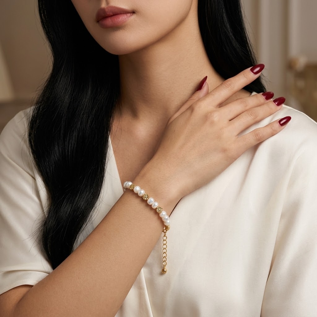 A close-up of a woman wearing a delicate pearl and gold bracelet on her wrist, paired with a cream satin top and dark red manicured nails.