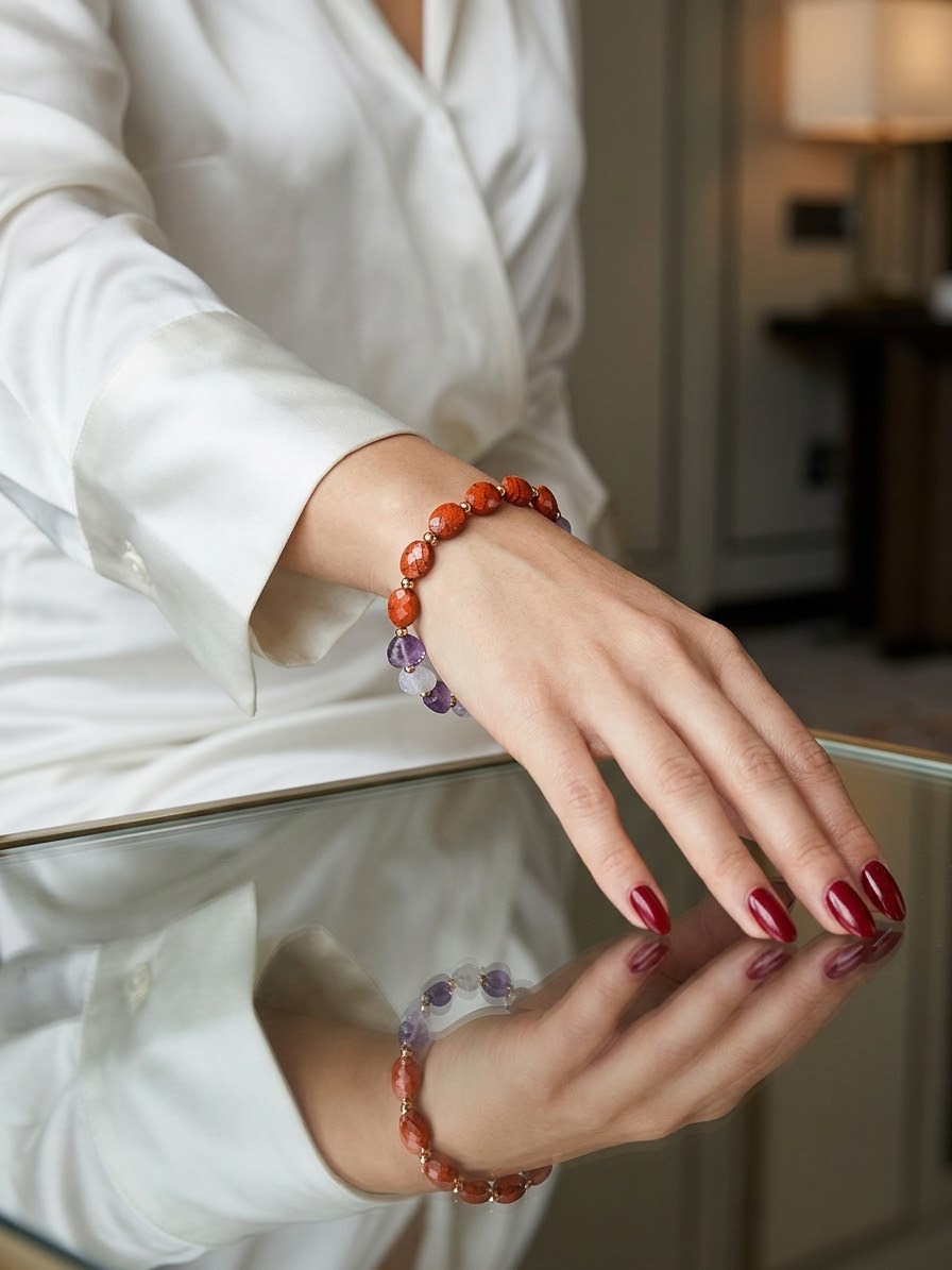 A person wearing a white satin shirt and red nail polish is shown from the chest down, resting their hand on a reflective glass table. On their wrist is a beaded stretch bracelet featuring orange-red marbled beads and translucent purple amethyst beads.