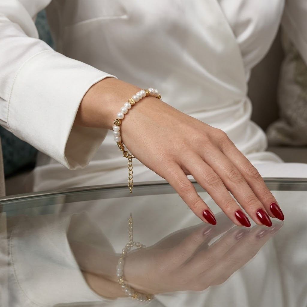 A close-up of a person's hand wearing a delicate pearl and gold chain bracelet, resting on a reflective glass table. The person is wearing a white satin robe, and the background is softly blurred.