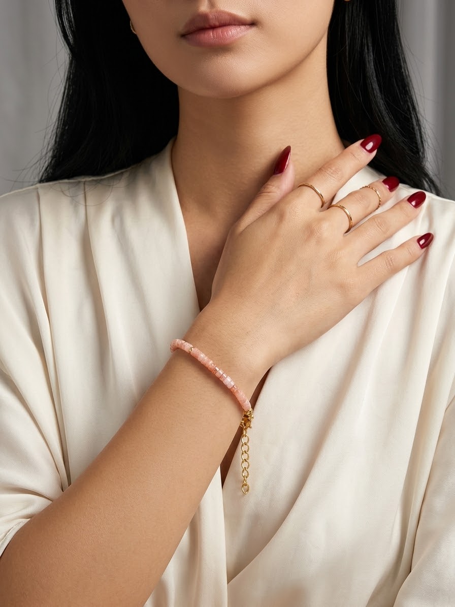A close-up of a woman wearing a delicate pink beaded bracelet with a gold chain dangle, styled with gold rings and a cream satin top.