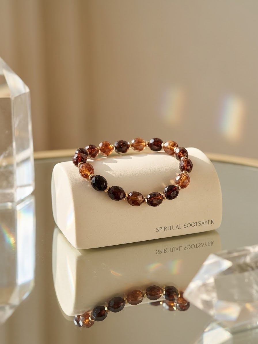 A beaded bracelet made of amber-brown and dark polished beads rests on a white display block labeled 'SPIRITUAL SOOTSAVER' on a reflective glass surface.