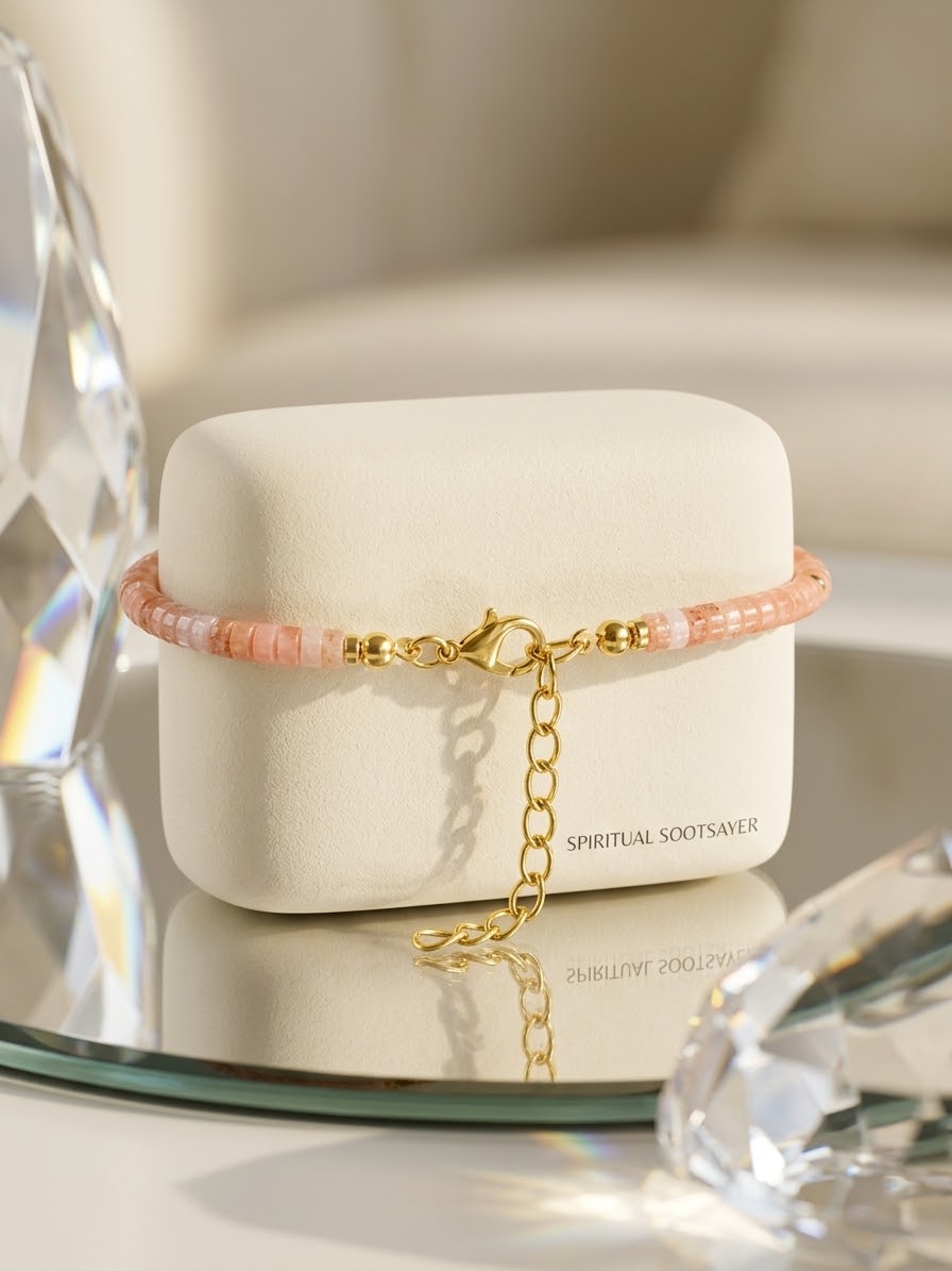 A delicate beaded bracelet with peach-pink beads and gold-toned hardware, displayed on a cream-colored jewelry box. The box has the brand name 'SPIRITUAL SOOTSAVER' printed on the front.