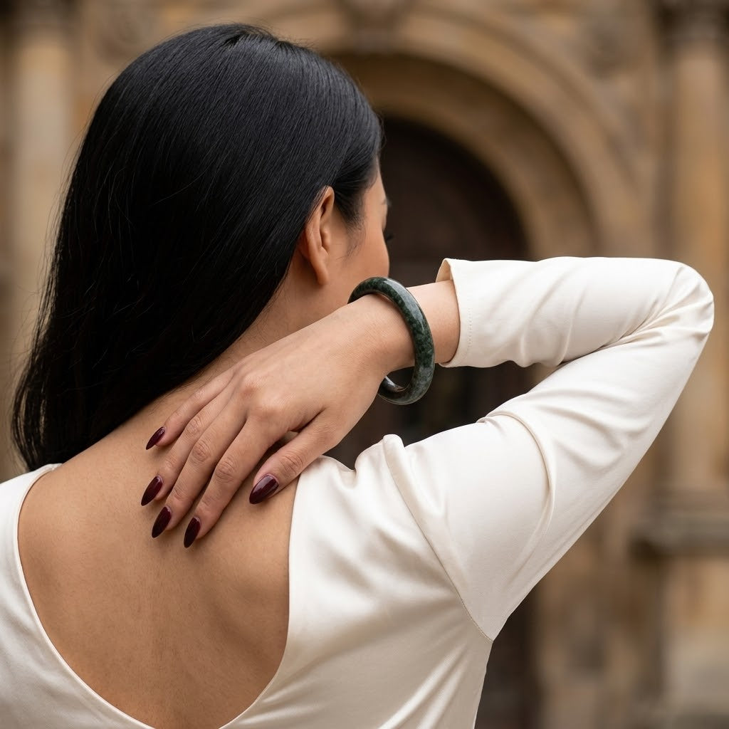 A woman with long black hair is shown from behind, wearing a dark green jade bangle on her wrist. She is wearing a cream-colored long-sleeve top and has dark burgundy nail polish, posing with her hand on her neck against a blurred stone archway background.
