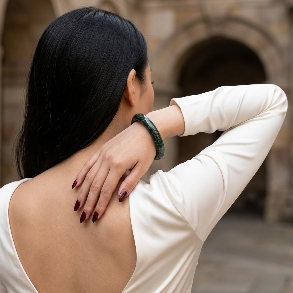 A woman with long black hair is shown from behind, wearing a dark green jade bangle on her wrist, posing in a cream-colored long-sleeve top against a blurred stone archway background.