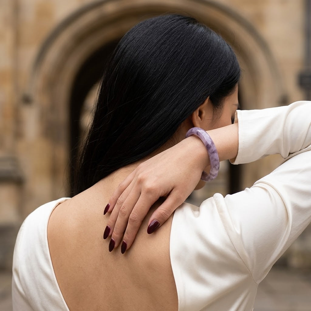 A woman with long black hair seen from behind, wearing a white top and displaying a light purple marbled bracelet on her wrist, with a blurred stone archway in the background.