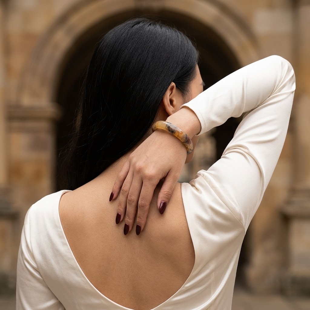 A woman with long black hair is shown from behind, wearing a cream-colored open-back long-sleeve top and a tortoiseshell bangle bracelet, posing in front of a blurred stone archway.