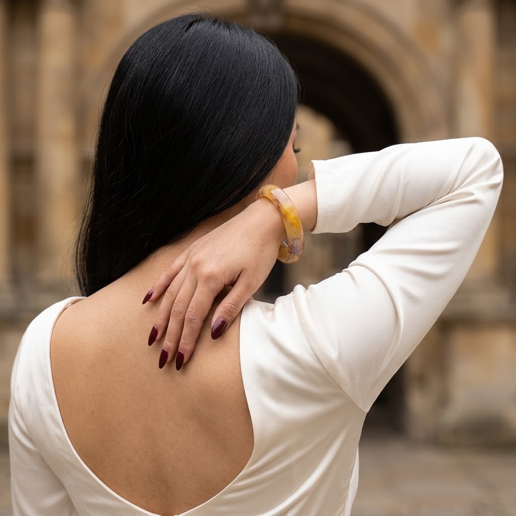 A woman with long black hair is shown from behind wearing a cream-colored open-back top and a translucent amber-yellow bangle bracelet, posing in front of a blurred stone archway.