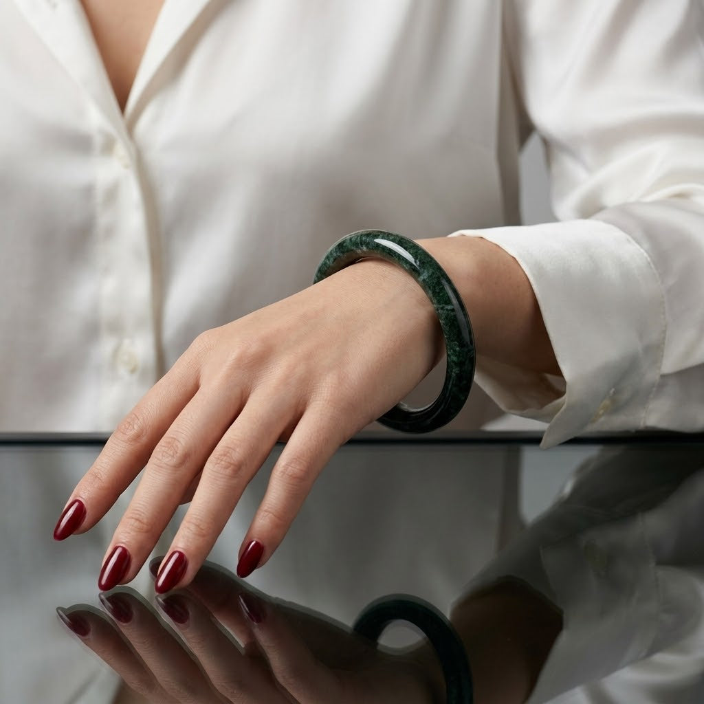 A person wearing a dark green bangle bracelet with a white blouse, resting their hand on a reflective black surface.