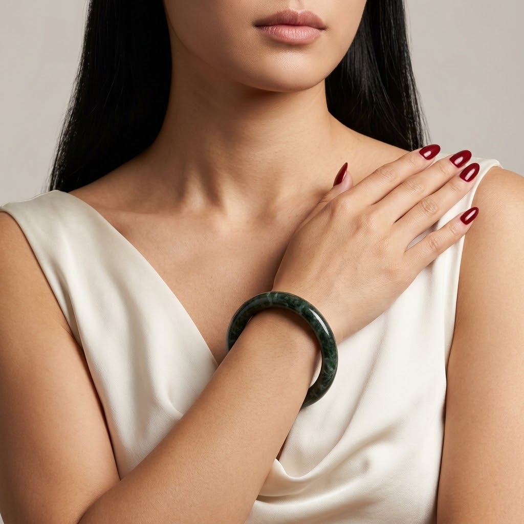 A close-up of a woman wearing a dark green jade bangle bracelet on her wrist, paired with a cream satin top and red manicured nails.