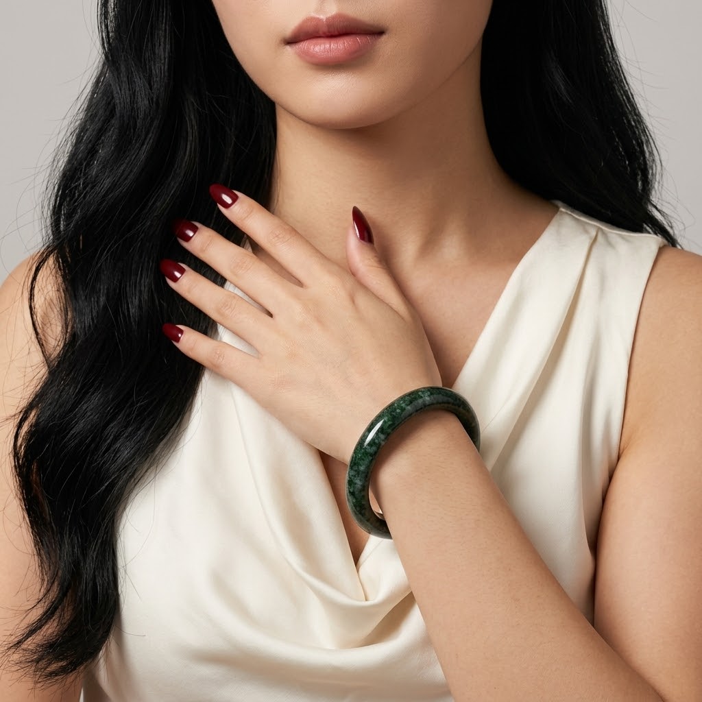A close-up of a woman wearing a dark green jadeite bangle bracelet, with her hand resting on her chest. She is wearing a cream-colored satin top, and her dark hair and red manicured nails are visible against a neutral gray background.