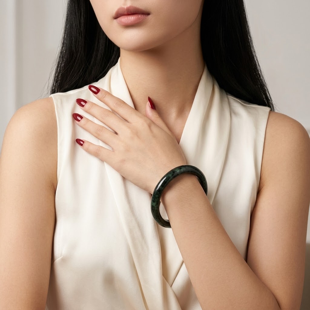 A close-up of a woman wearing a dark green marbled jade bangle bracelet, paired with a cream satin top. The image highlights the bracelet on her wrist, with her hand resting near her collarbone.