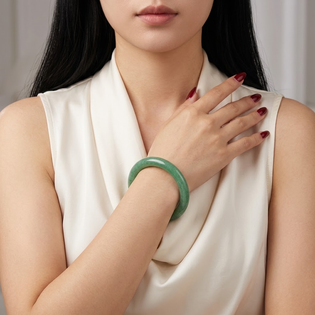 A woman wearing a smooth, translucent jade green bangle bracelet, shown from the chest up in a cream-colored satin top.