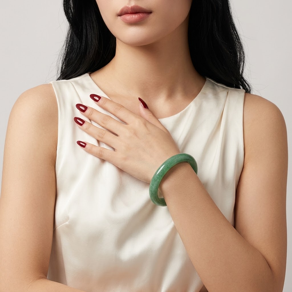 A woman wearing a smooth, solid green jade bangle on her wrist, paired with a cream-colored satin top. The image is cropped to show her hand, arm, and lower face against a neutral light gray background.