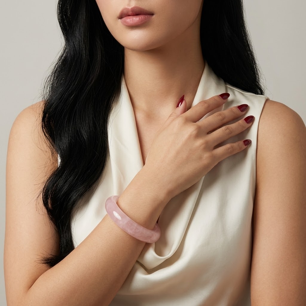 A woman wearing a smooth, light pink jadeite bangle bracelet, paired with a cream satin top. The image is a close-up lifestyle shot focusing on the jewelry.