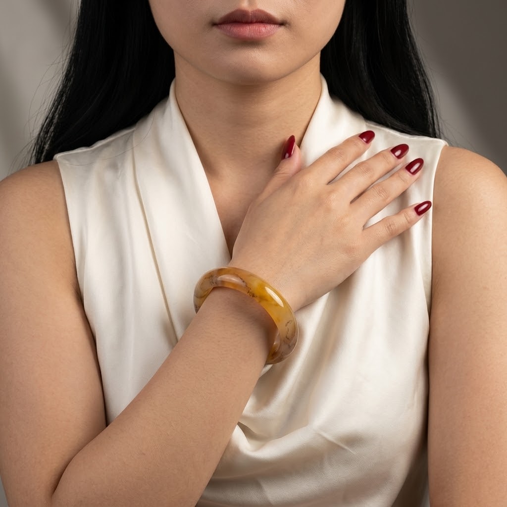 A close-up of a woman wearing a polished amber-brown translucent bangle bracelet on her wrist, paired with a cream satin top. Her hand with red nail polish rests on her chest against a soft gray background.