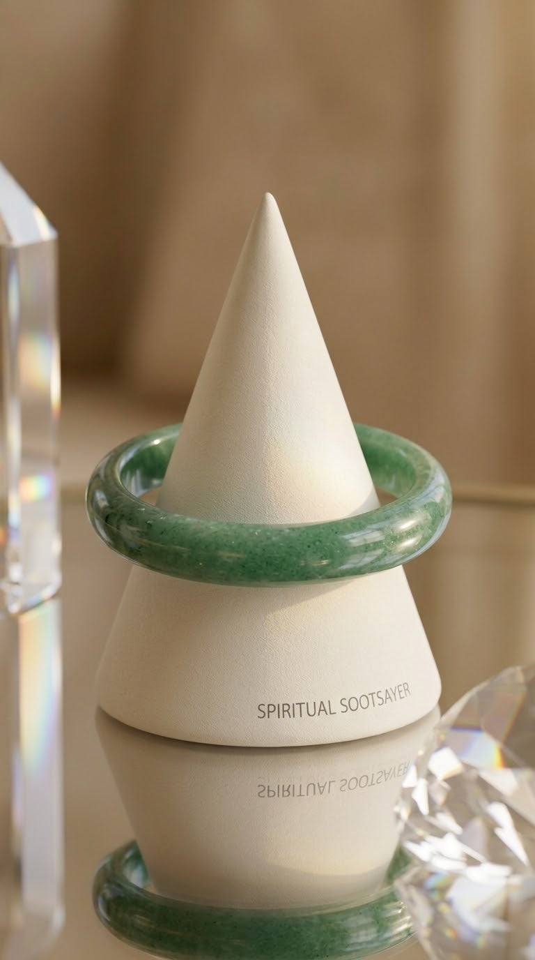 A white ceramic spiritual roots keeper with a conical top and a green stone ring, shown on a reflective surface with a warm beige background.