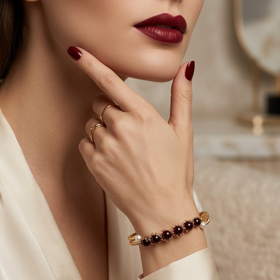 Close-up of a woman's hand wearing a gold bracelet with dark beads, against a blurred background.