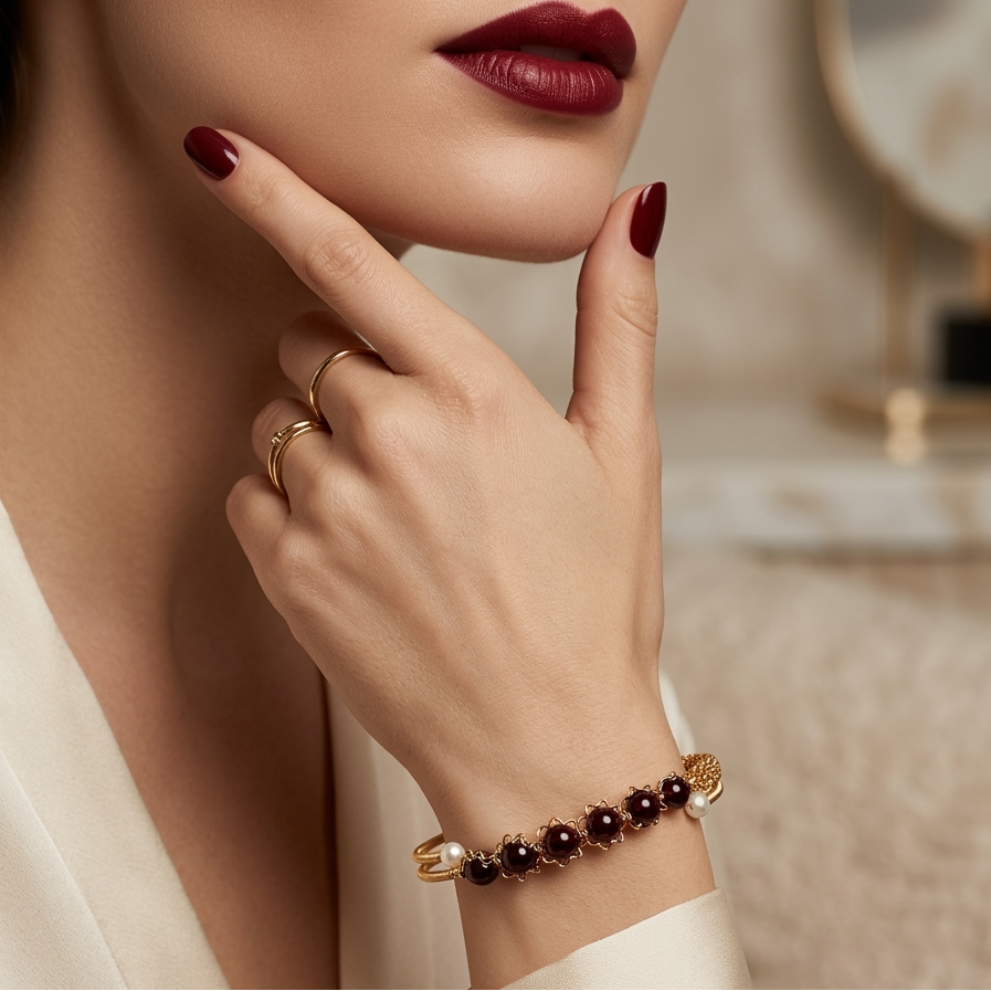 Close-up of a woman's hand wearing a gold bracelet with dark beads, against a blurred background.
