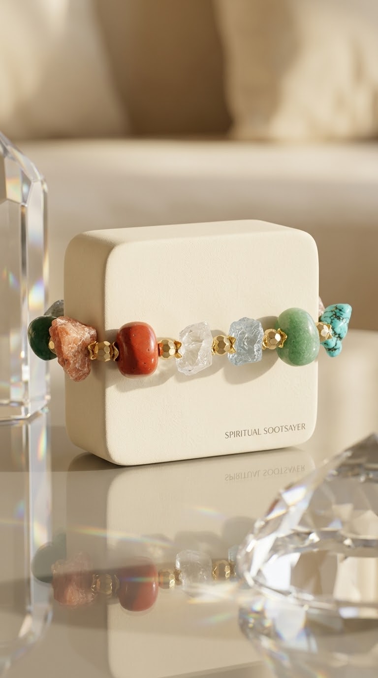 A beaded bracelet with colorful natural stone beads and gold spacer rings displayed on a cream-colored jewelry box. The background is a softly blurred warm beige interior setting with decorative glass crystals on a reflective surface.
