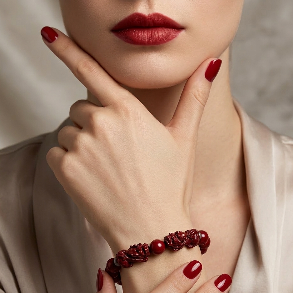 Close-up of a woman's hand wearing a red beaded bracelet with a neutral background
