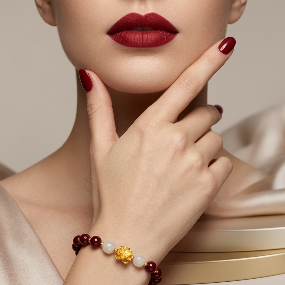 Close-up of a woman's hand wearing a bracelet with a gold flower charm, against a neutral background.