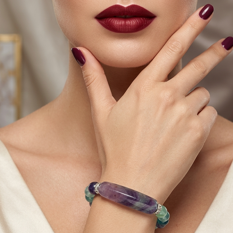 Close-up of a woman's hand wearing a colorful bracelet with a neutral background