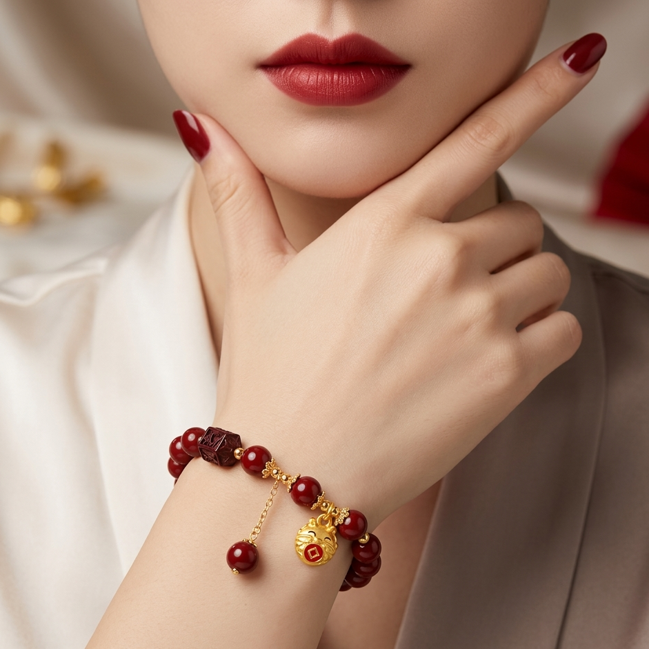 Close-up of a woman's hand wearing a red beaded bracelet with gold accents, against a neutral background.