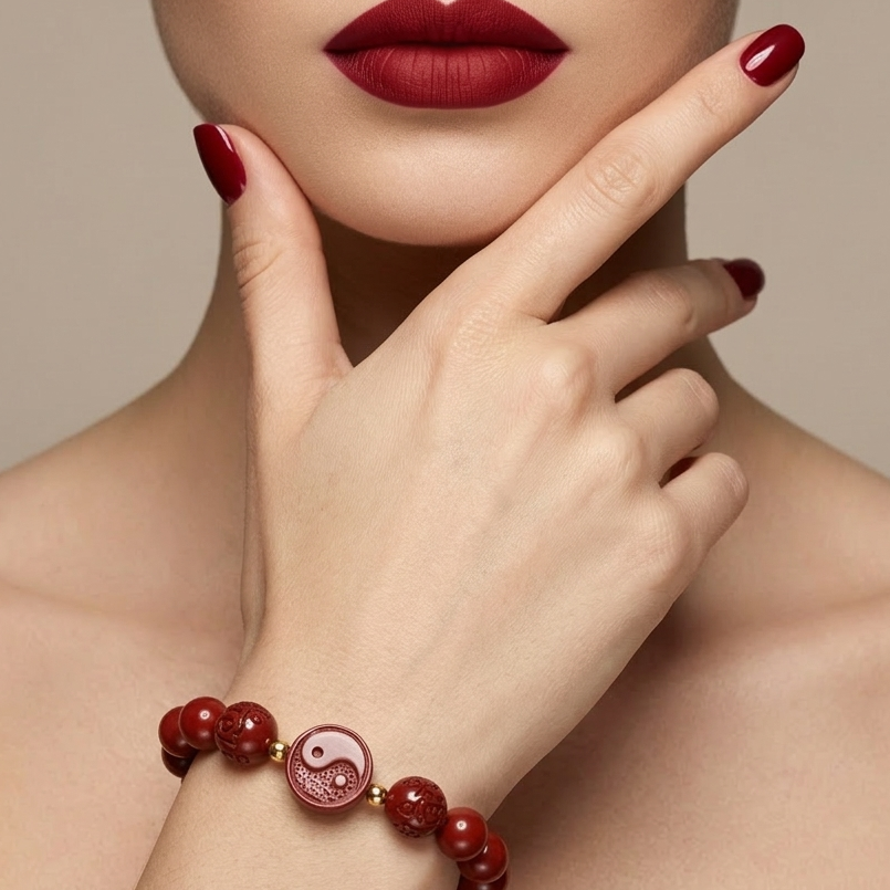 Close-up of a woman's hand wearing a red beaded bracelet with a neutral background