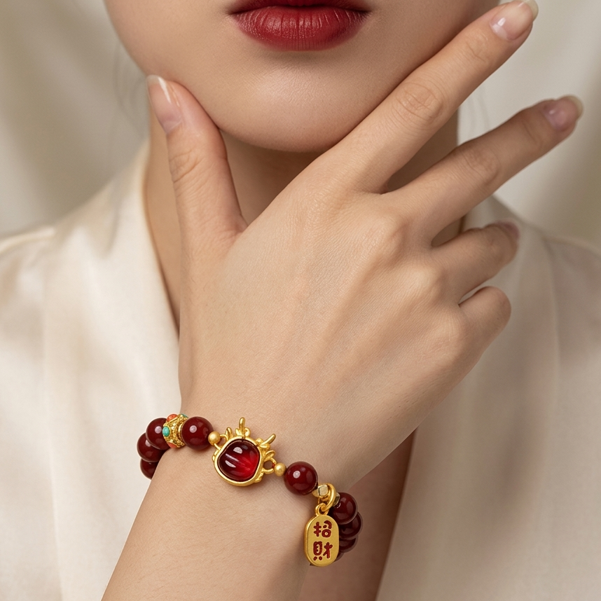 Bracelet with red beads and gold accents worn by a person