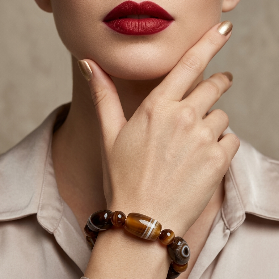 Close-up of a woman's hand wearing a brown beaded bracelet with a neutral background