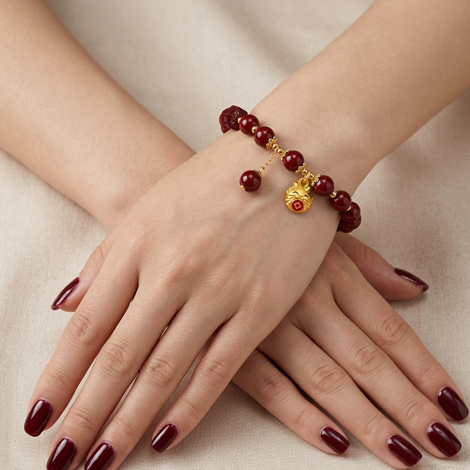 Gold bracelet with red beads on a hand against a beige background
