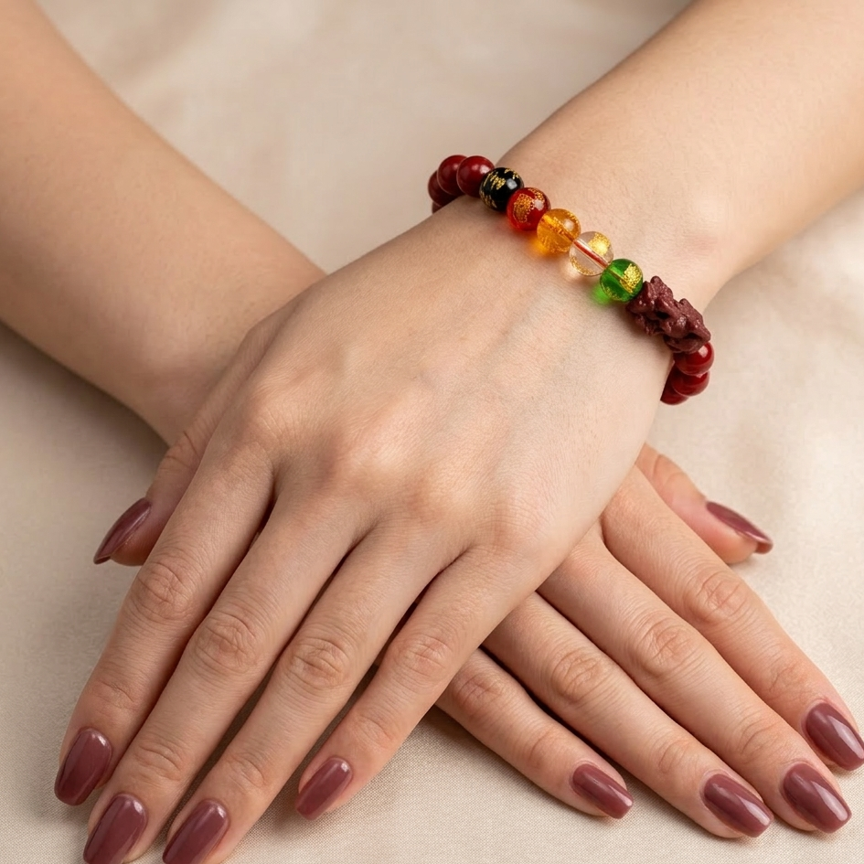 Close-up of hands wearing a colorful beaded bracelet on a neutral background